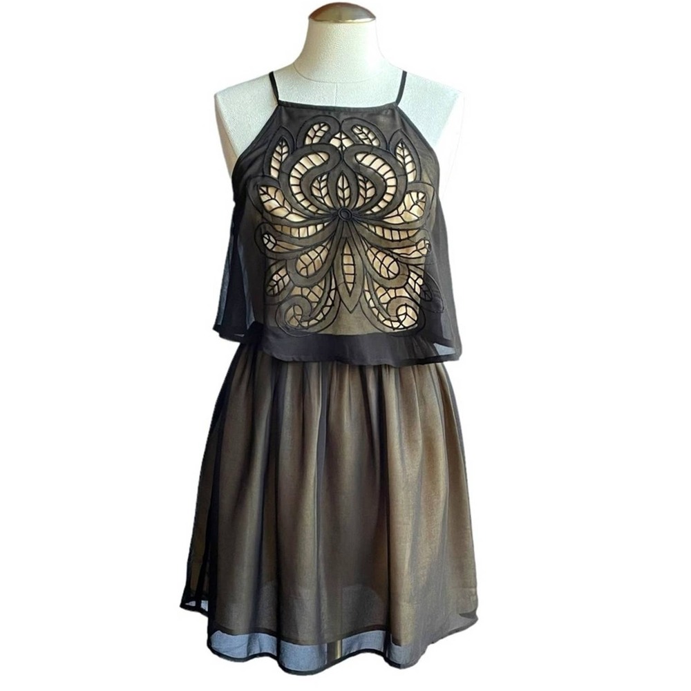 Altar'd State Women's Black‎ Gold Lace Overlay Layered Halter Dress Size Small